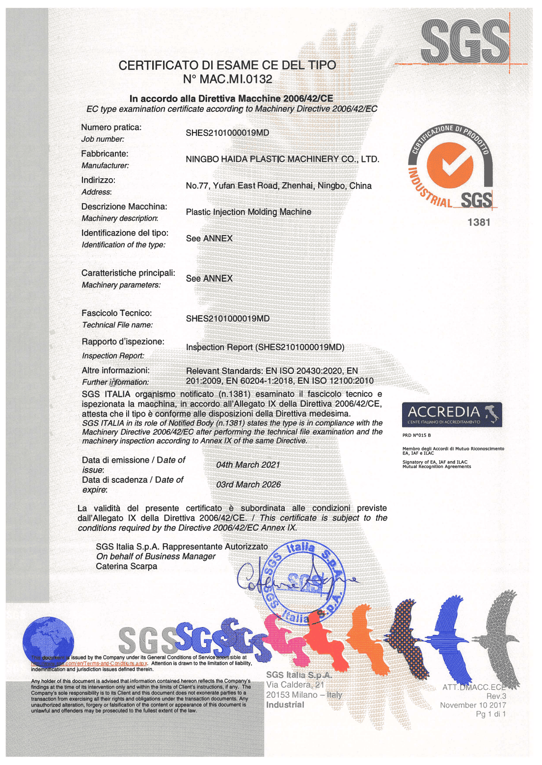 HAIDA INJECTION MACHINE CE Certificates by SGS2